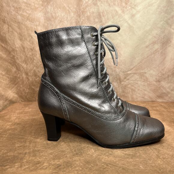 AJ Valenci Victorian Style Lace Up Heeled Boots Gray Leather Steampunk Gothic - Picture 13 of 13